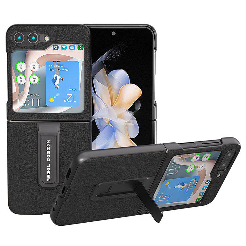 ABEEL For Samsung Galaxy Z Flip5 5G Kickstand Phone Case Genuine Cow Leather PC Textured Cover ABEEL For Samsung Galaxy Z Flip5 5G Kickstand Phone Case Genuine Cow Leather PC Textured Cover